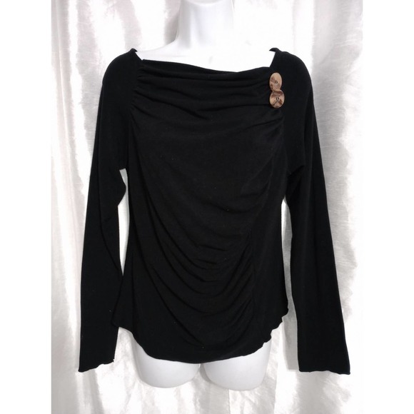 Retro soft shirred BLOUSE marble wood buttons black top JONDEN - Picture 3 of 6